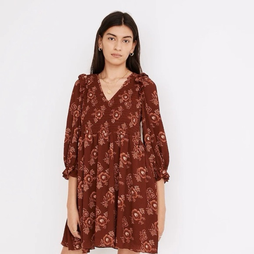 Madewell Lucie V-Neck Smocked Mini Dress in Letterpress Floral NWOT XS